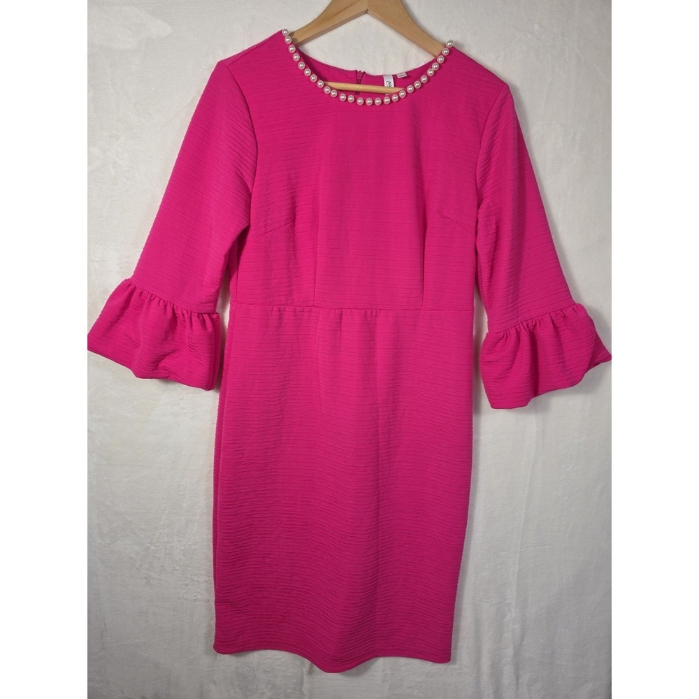 NWT NY Collection Pink Pearl Neck Shift Dress Large L Hot Pink Bell Sleeve - Picture 2 of 11